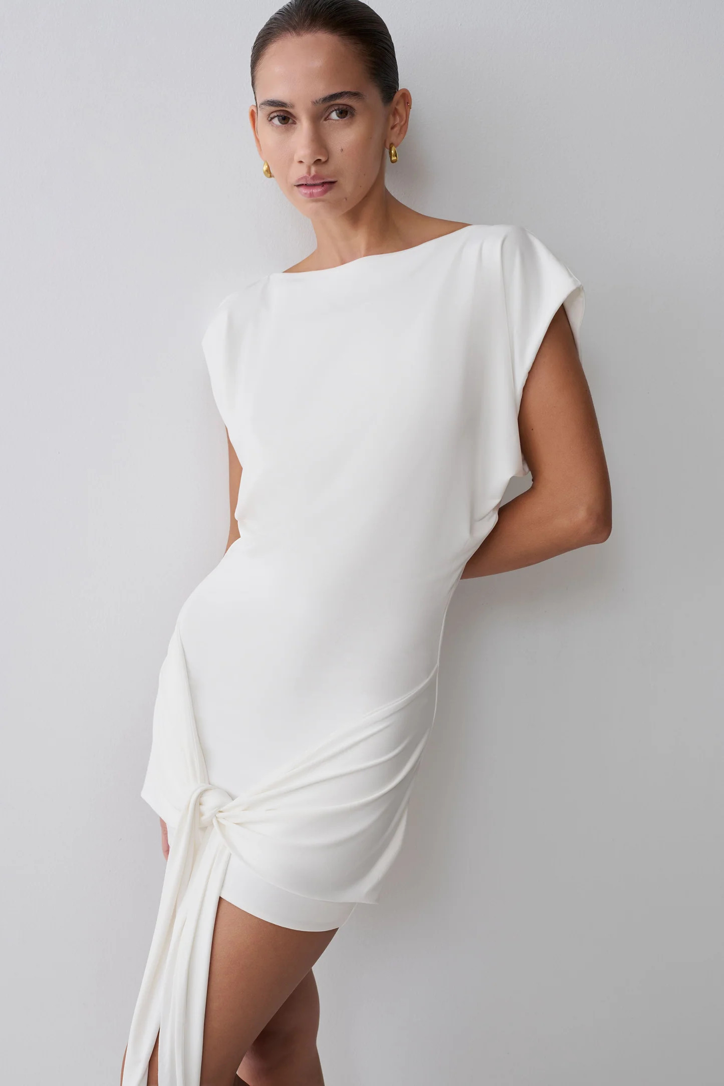 Maiara Shortsleeve Slinky Tie Mini Dress - White | MESHKI US