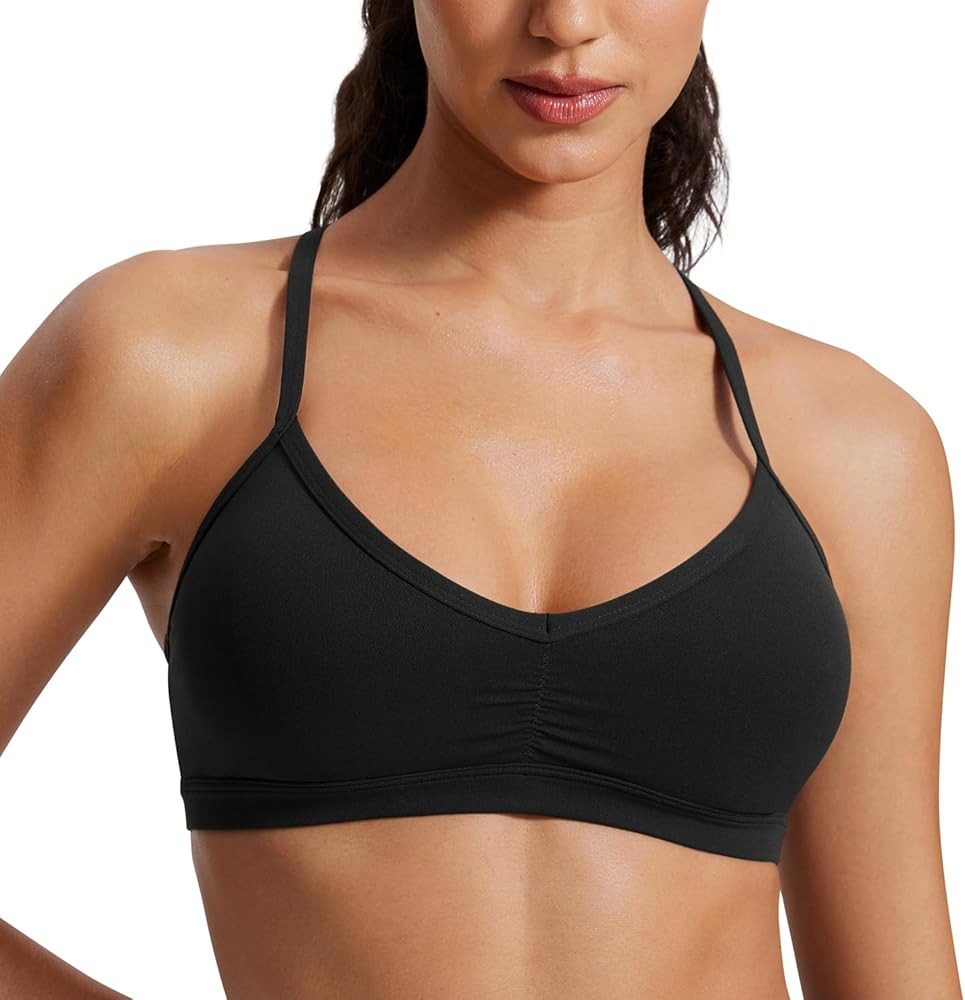 CRZ YOGA Butterluxe Womens Ruched V Neck Sports Bra - Y Back Spaghetti Thin Strap Wireless Padded... | Amazon (US)