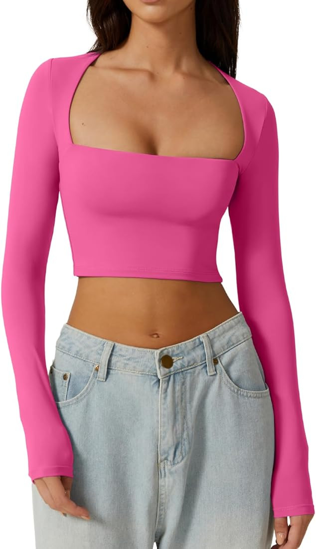 Women's Sexy Square Neck Crop Top Long Sleeve Slim Fit Cropped T Shirts | Amazon (US)