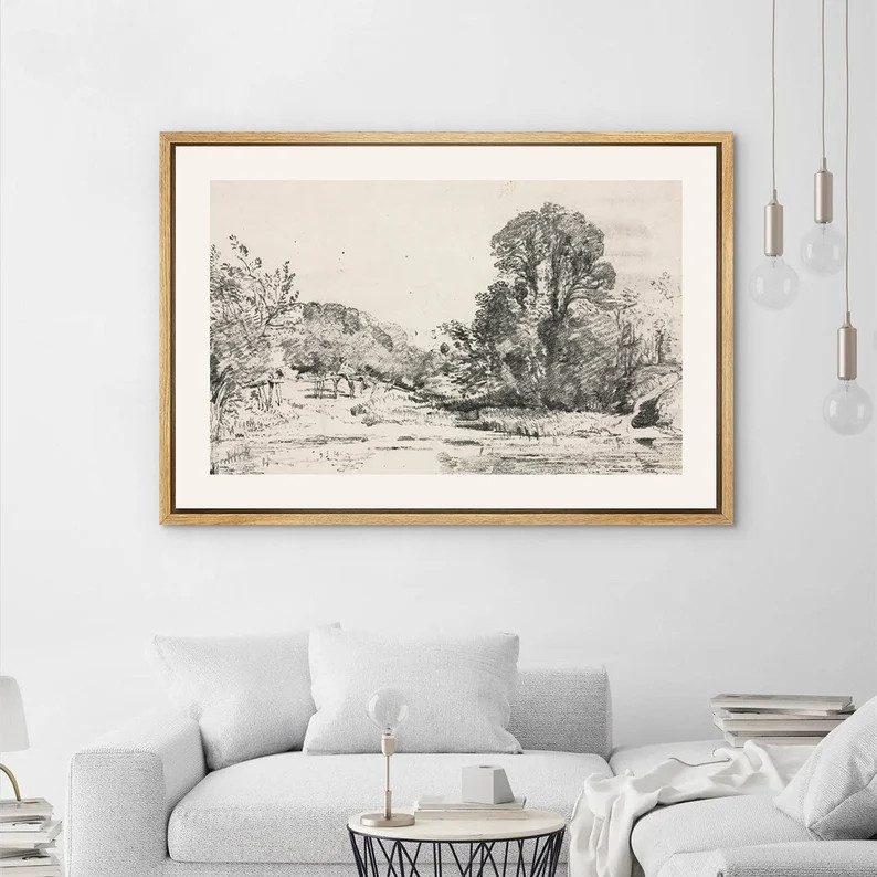 Framed Canvas Wall Art, Sketch Wall Art, Rustic Country Nature Landscape Print, Minimalist Vintag... | Etsy (US)