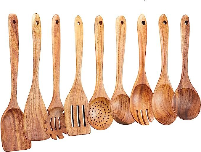 Wooden Kitchen Utensils Set,GUDAMAYE 9 PCE Natural Teak Wooden Spoons For Non-stick Pan for Cooki... | Amazon (US)