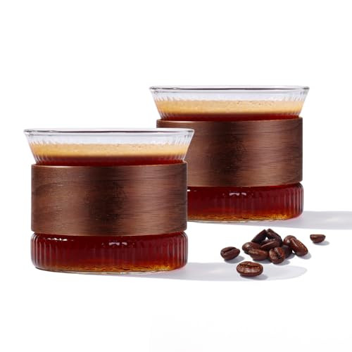 LUFLORA Espresso Cups Set of 2, Glass Coffee Cups 5OZ, Classic Stripes Coffee Glasses with Wooden Ring, Espresso Shot Glass for Beverages, Americano, Espresso Accessories | Amazon (US)