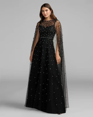 Black Pearl Embellished Tulle A-Line Gown With Cape | Mac Duggal