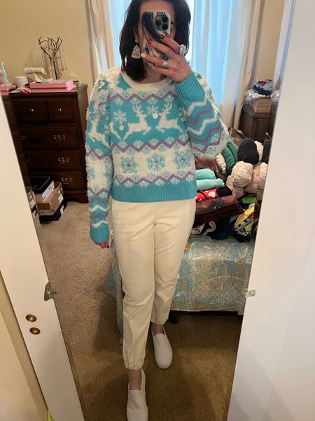 Christmas Outfit Christmas Sweater Women’s reindeer graphic sweater (size small). Faux leather joggers (size small). Sneakers (size 8.5). #christmassweater #sweater #reindeersweater #joggers #fauxleatherjoggers #whitejoggers #vans #whitesneakers #sneakers 

#LTKHoliday #LTKstyletip #LTKfindsunder100