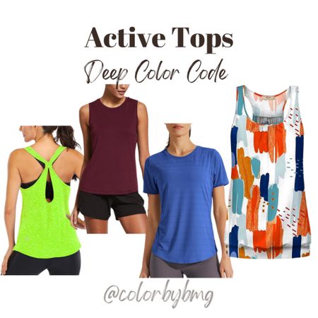 Deep Color Code Active Tops

Colors from left to right:
1. Neon Green 
2. Deep Burgundy 
3. 11-azure
4. 2# Colorful

Deep winter
Deep autumn 