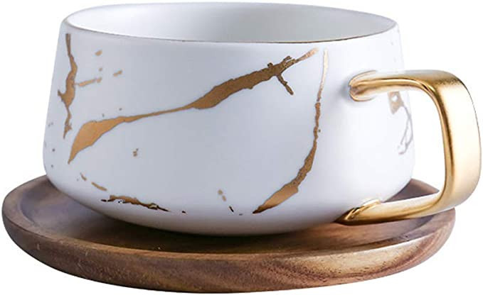 Generic Coffee Mug, Tea Cup, Ceramic Cup, Gold Design, with Wooden Saucer (white) | Amazon (US)