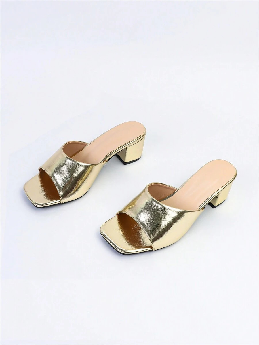 Wide Fit Women's New Summer Simple Metallic Texture Style Chunky Heel Mules With Slip-On Buckle D... | SHEIN