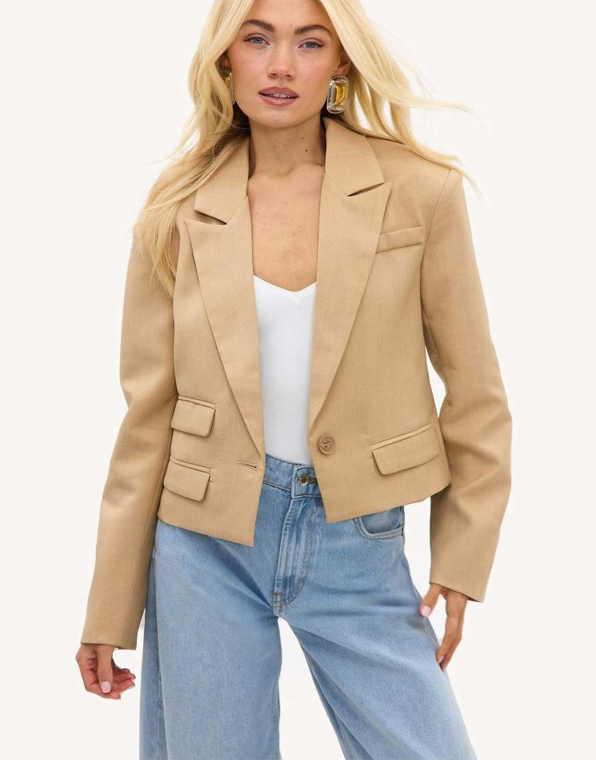 Loavies Air between layers cropped blazer with shoulder pads in sand-Brown | ASOS (Global)