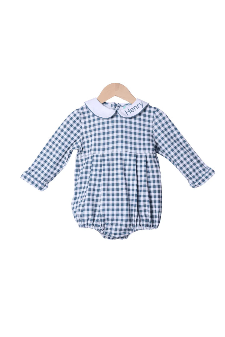 Stone Blue Knit Gingham Peter Pan Bubble | The Smocked Flamingo