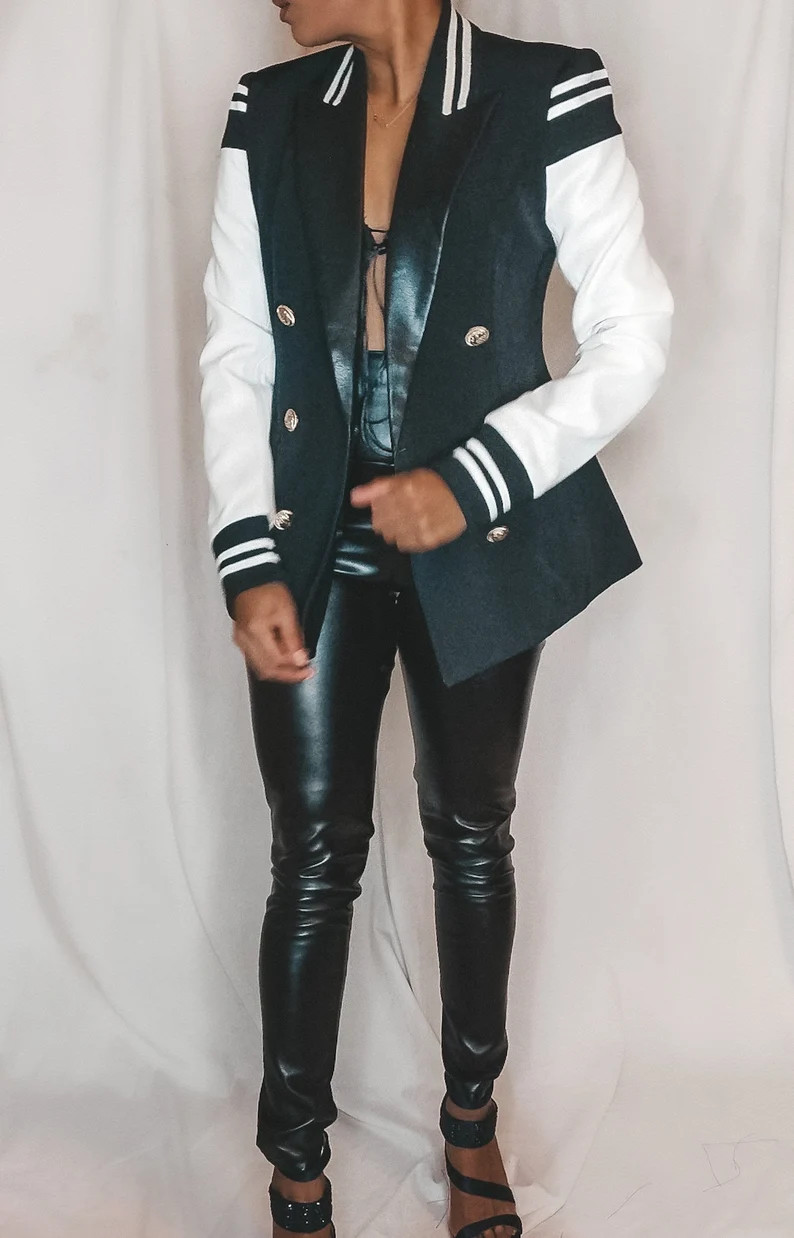 Mary Faux Leather Sleeve Varsity Blazer Suit Jacket With - Etsy | Etsy (US)
