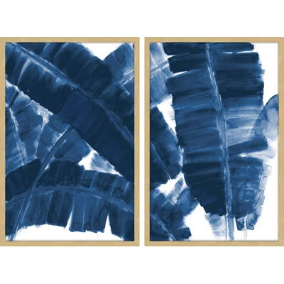 'Blue Banana Leaves Diptych' - 2 Piece Picture Frame Painting Set on Paper Mercury Row® Size: 18" H  | Wayfair North America