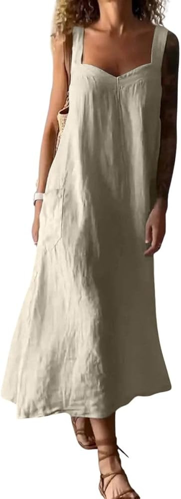 chouyatou Women's Summer Spaghetti Strap Sleeveless Linen Overall Dress Casual A-Line Midi Long B... | Amazon (US)