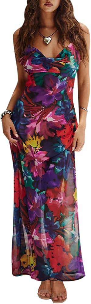 PRETTYGARDEN Women's 2024 Summer Floral Spaghetti Strap Maxi Dress Stretch Sexy Bodycon Dress Bac... | Amazon (US)