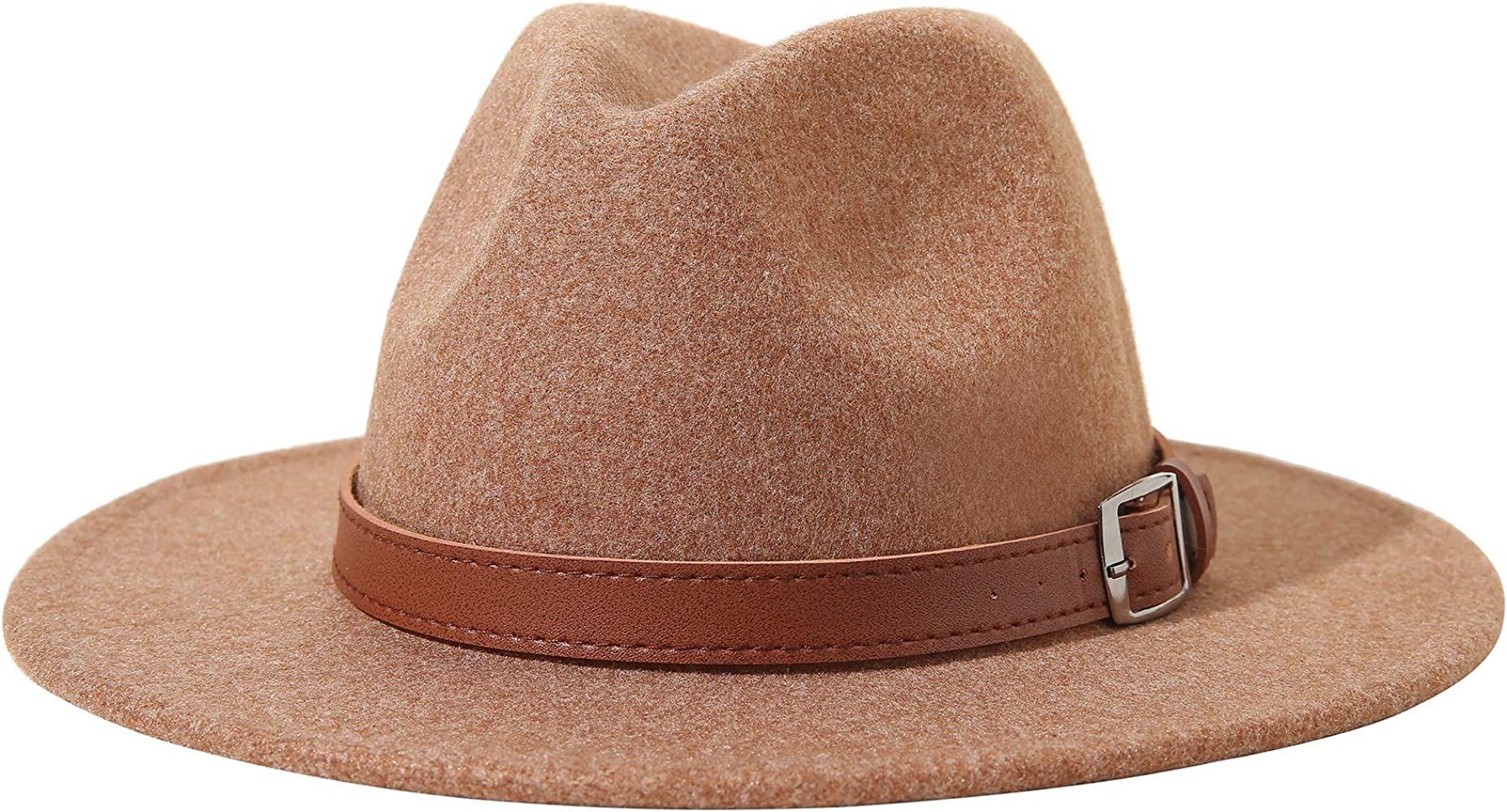 Lanzom Women Lady Felt Fedora Hat Wide Brim Wool Panama Hats with Band | Amazon (US)