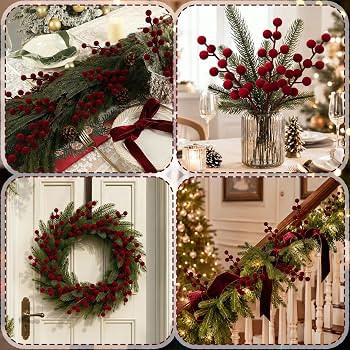 60 Pcs 8 Inch Christmas Holly Berry Stems Ornament Velvet Holly Berry Branches Artificial Christm... | Amazon (US)