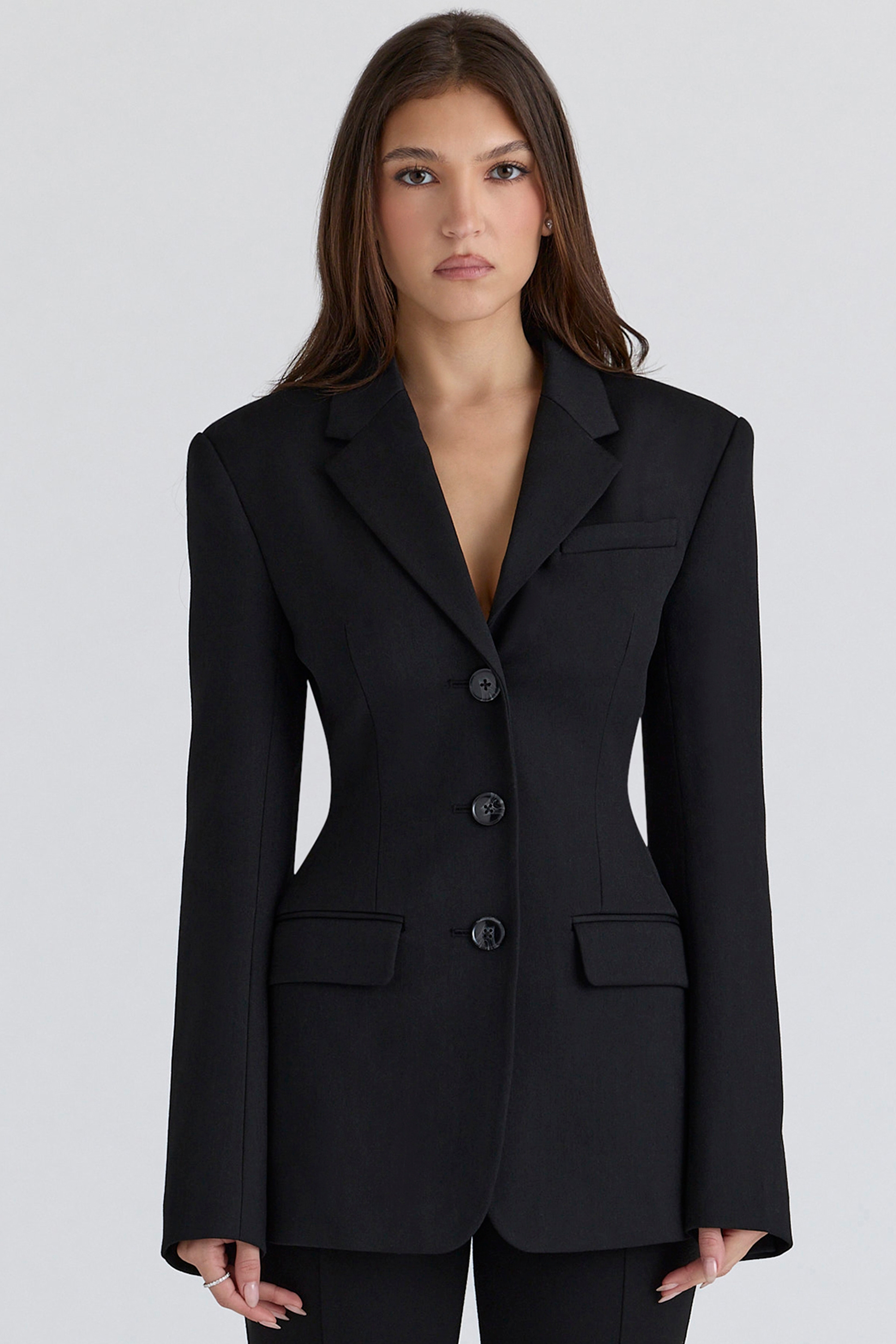 black crepe hourglass blazer jacket | House of CB