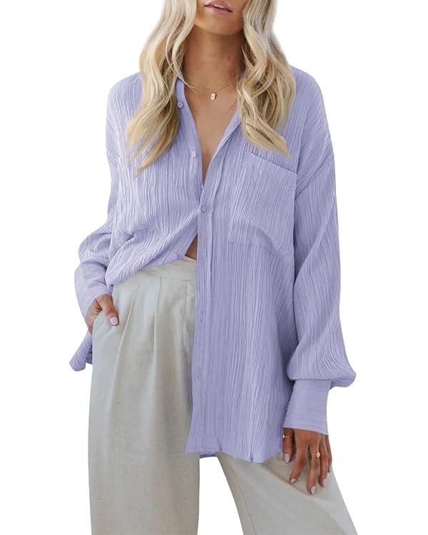 Imily Bela Womens Button Down Dress Shirts Oversized Long Sleeve Textured Boyfriend Blouses Tops ... | Amazon (US)