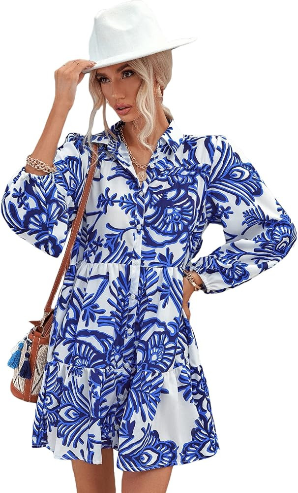 Women's Floral Print V Neck Ruffle Hem Lantern Long Sleeve Midi Dress | Amazon (US)