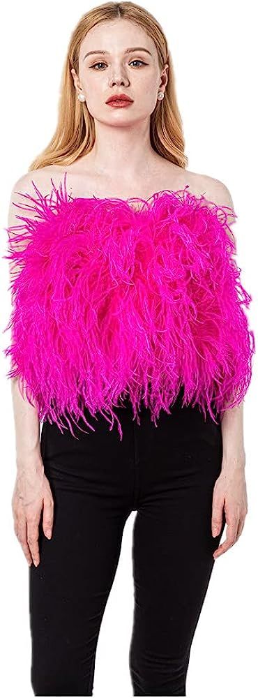 Women Ostrich Feather Bandeau Bralette Mini Crop Top Tube Top Strapless for Party Carnival | Amazon (US)