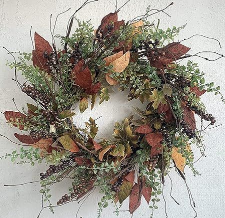24 Inch Fall Front Door Wreath Burgundy Berry Wreath with Mixed Magnolia Maple Leaves Large Decor... | Amazon (US)