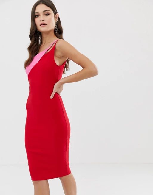 Vesper cut out shoulder midi pencil dress in contrast red and pink | ASOS US