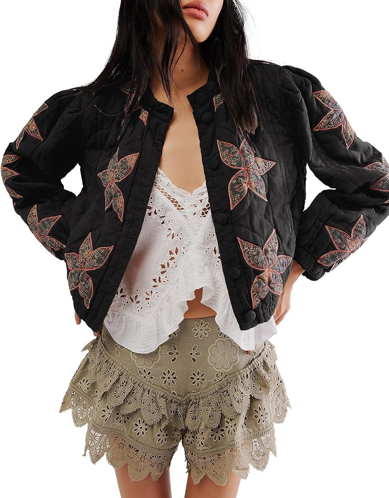 Gacaky Women's Lightweight Floral Embroidered Cropped Quilted Jacket Winter Warm Button Down Puff... | Amazon (US)