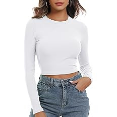Artfish Women's Round Neck Long Sleeve Knit Ribbed Fitted Crop Top Casual Basic Shirts | Amazon (US)