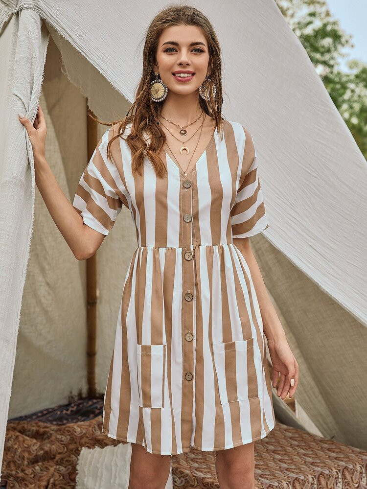 Striped Dual Pockets Button Up A-line Dress | SHEIN