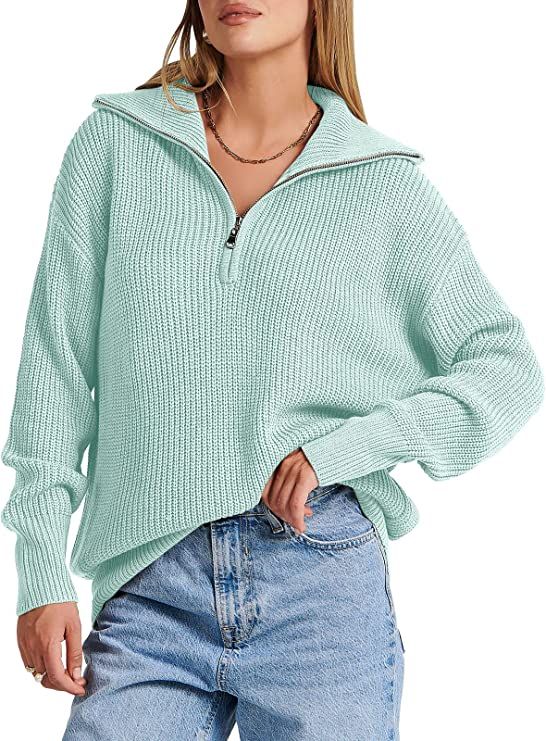 ANRABESS Women's Long Sleeve 1/4 Zipper Henley V Neck Drop Shoulder Oversized Knit Pullover Sweat... | Amazon (US)