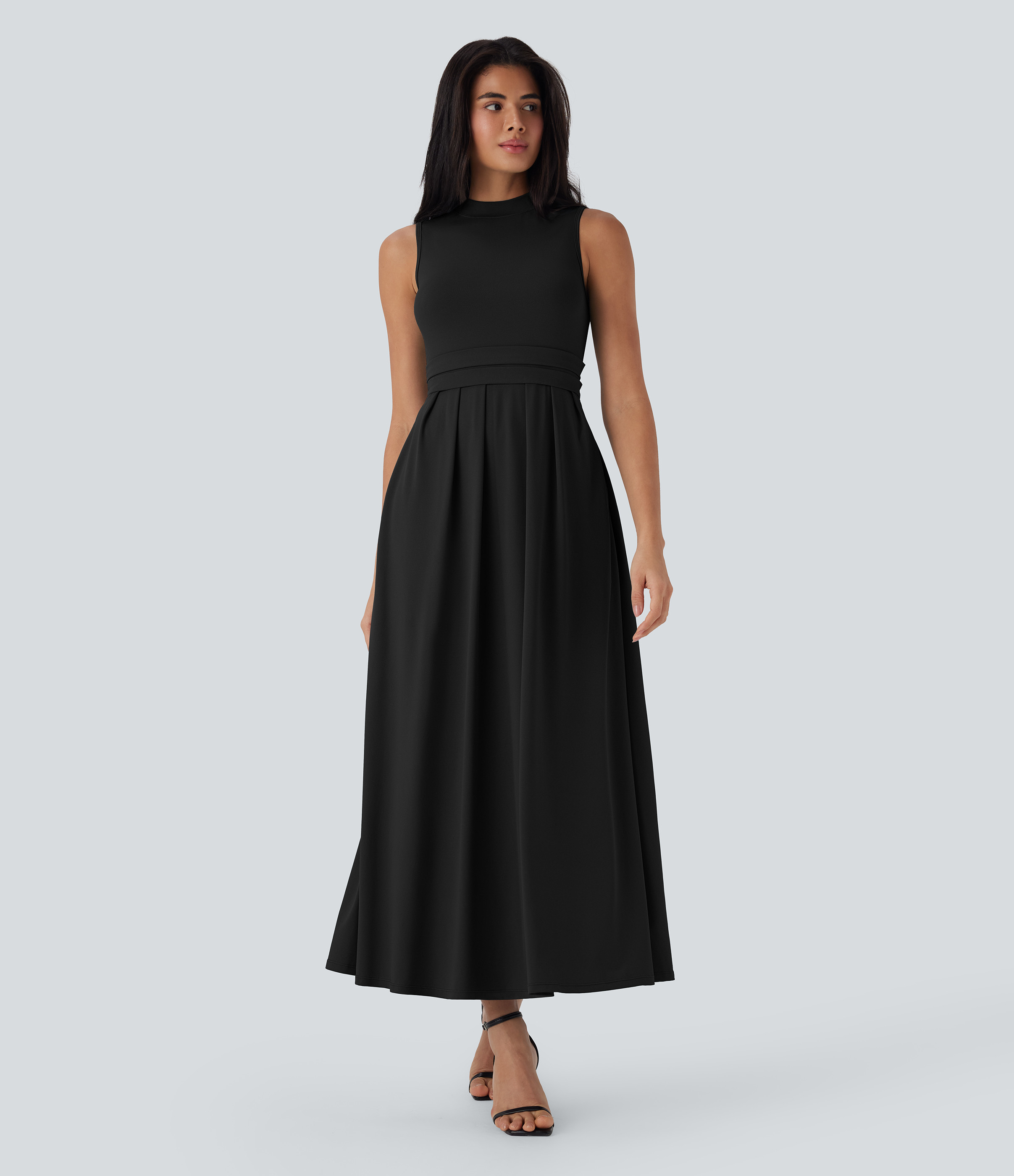 Halara Stand Collar Sleeveless Flare Maxi Casual Dress with Pockets Casual Dress - Black - M slip dress beach dress ruched dress halter dress | HALARA