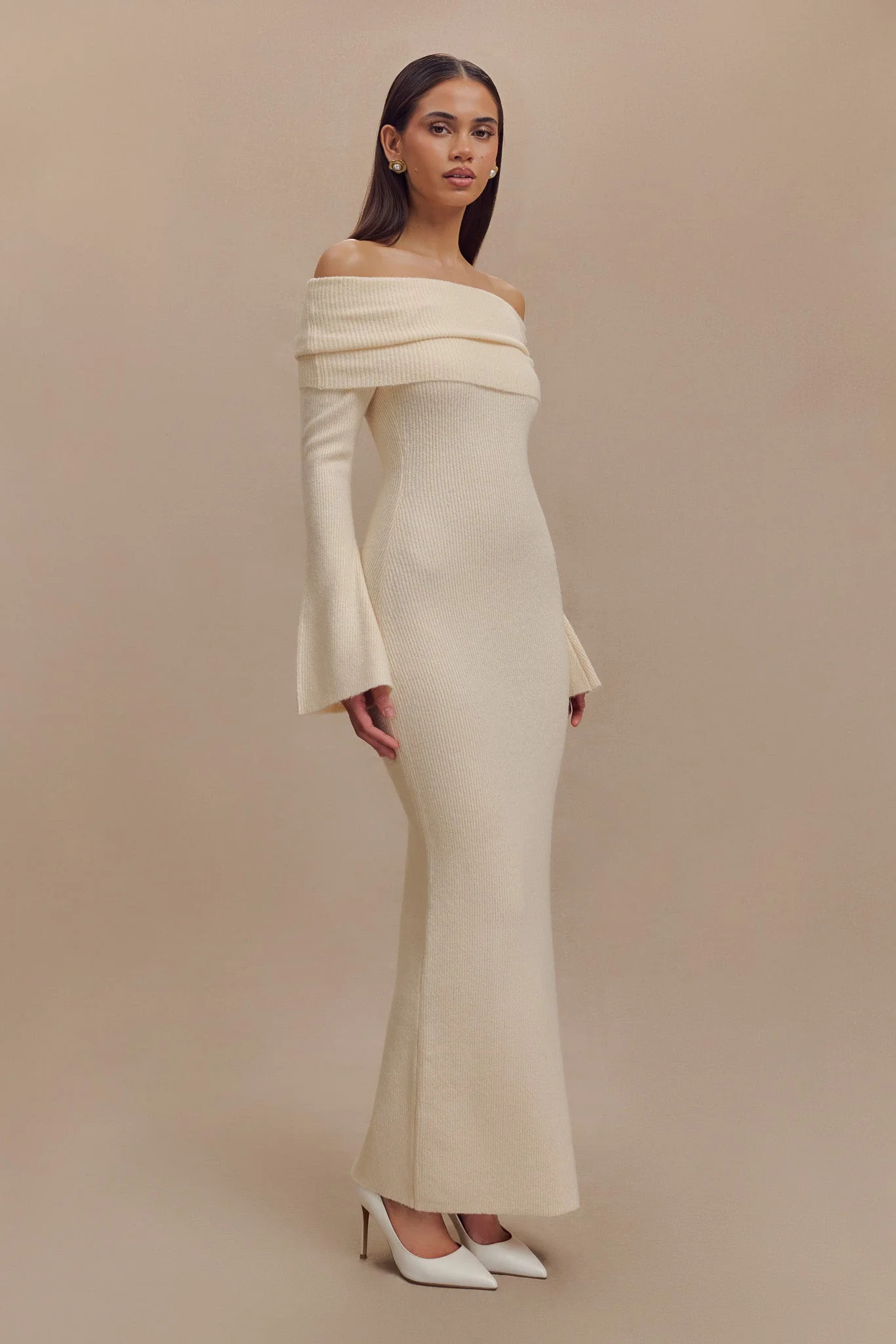 Katherine Off Shoulder Knit Maxi Dress - Ivory | MESHKI US