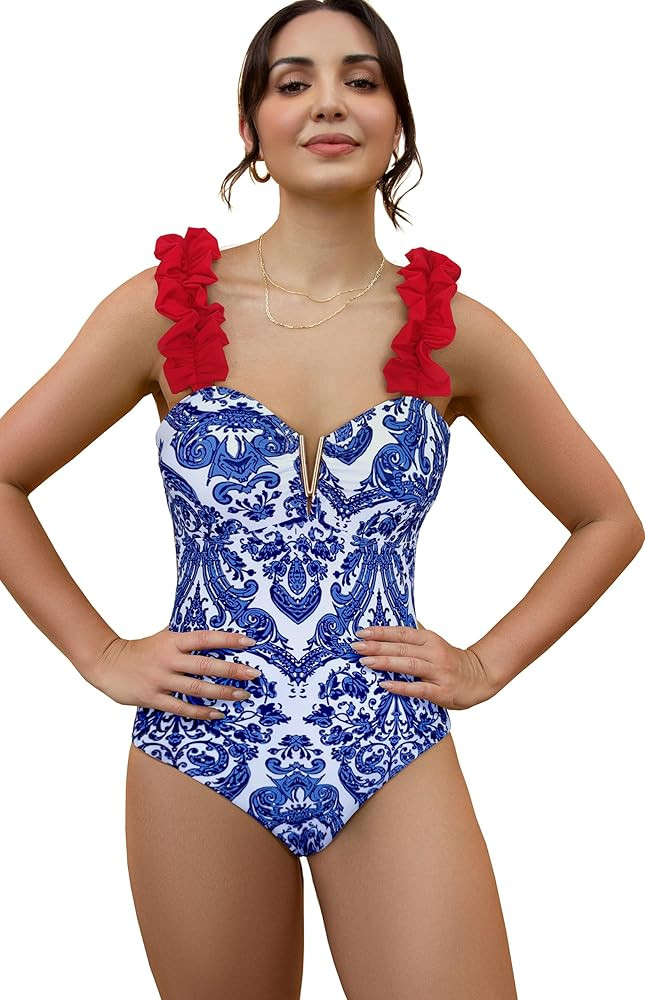 SPORLIKE One Piece Swimsuit Women Ruffle Adjustable Straps Bathing Suit Padded Swimwear | Amazon (US)