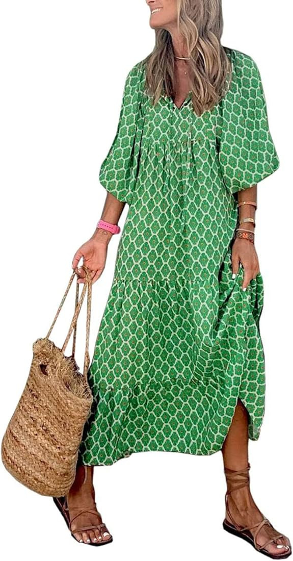 miduo Womens Loose Fit Casual Summer V Neck Half Sleeve Bohemian Geometric Pattern Maxi Long Dres... | Amazon (US)