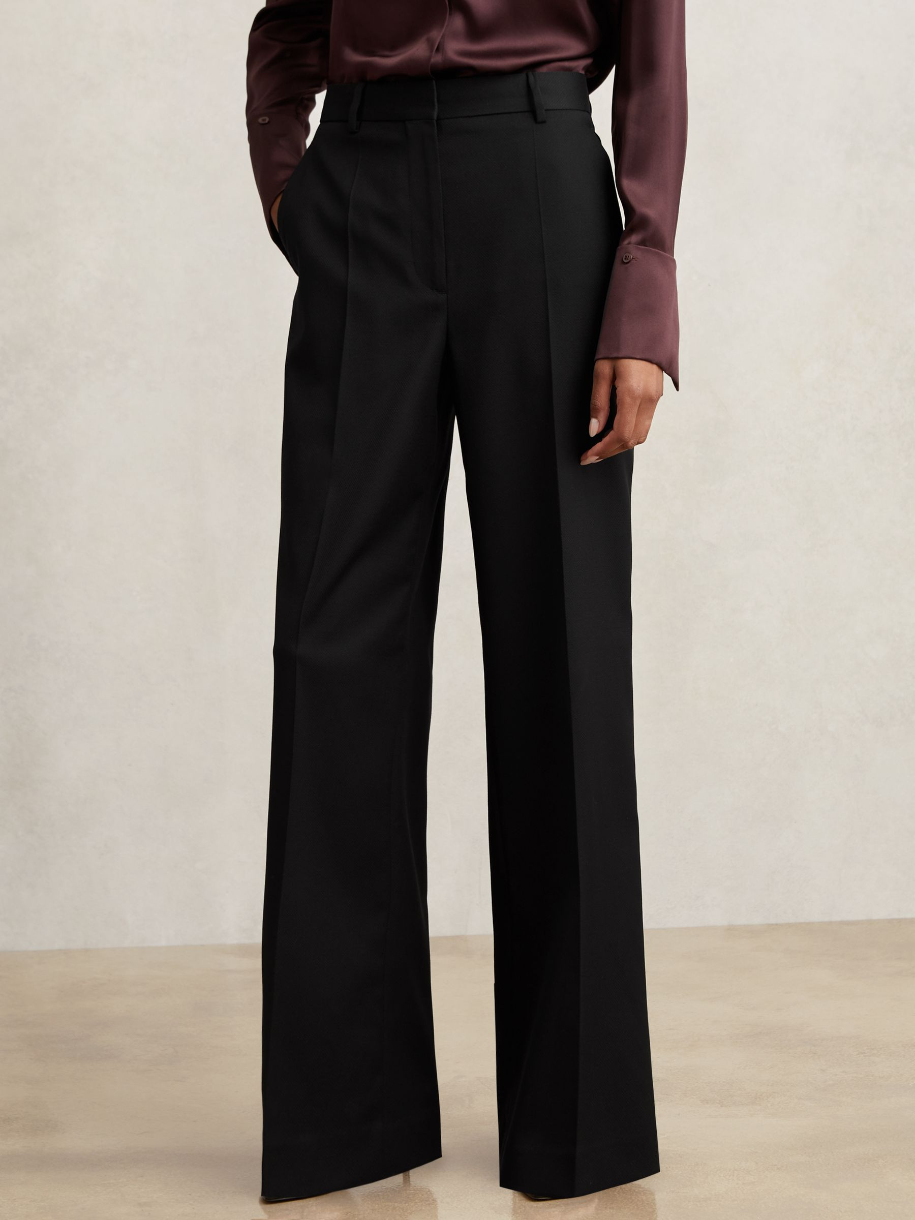Wool-Blend Wide-Leg Suit Trousers in Black | Reiss UK