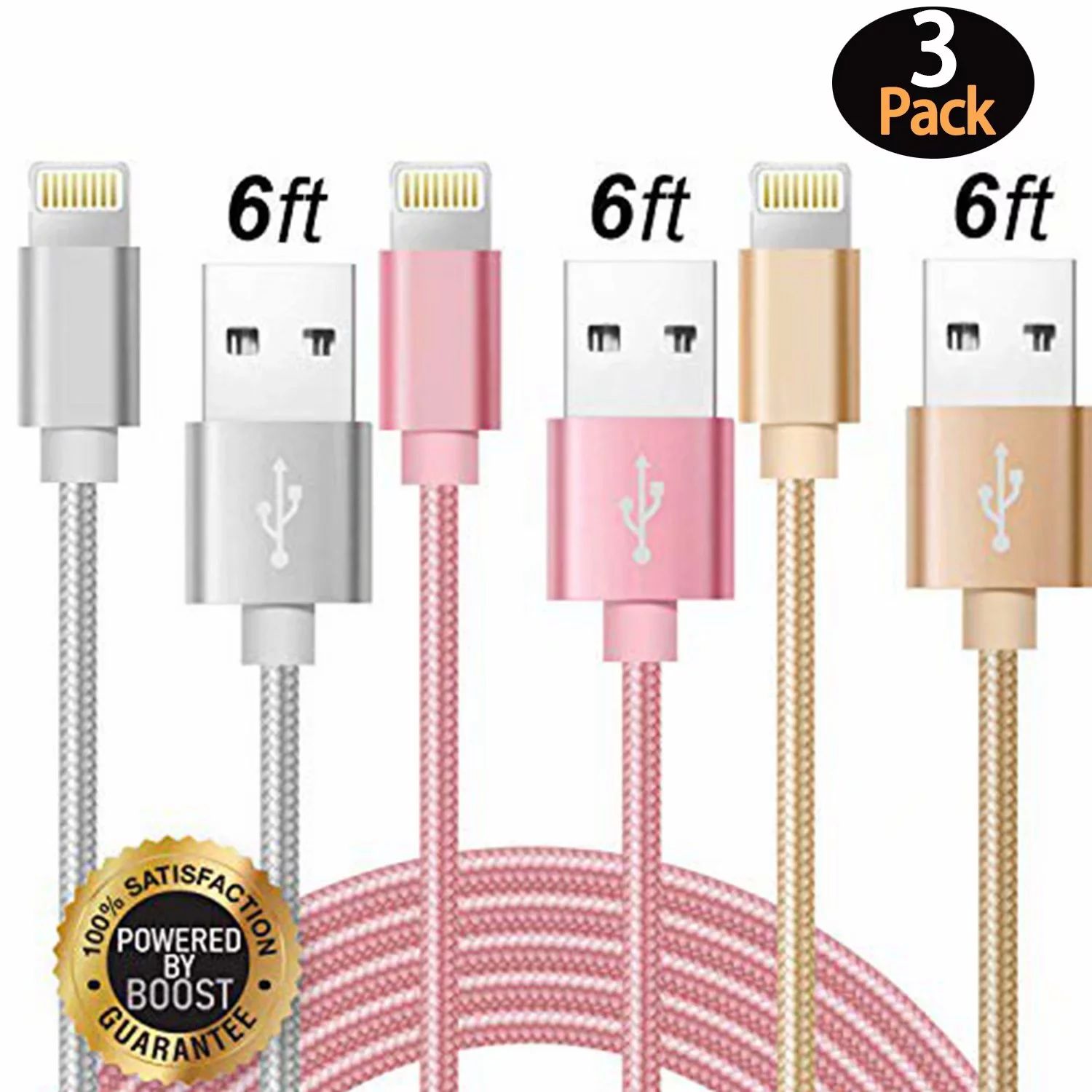 3Pack 6FT Nylon Braided iPhone Cable&Syncing Long Cord Compatible iPhone 11Pro Max/11Pro/11/XS/Ma... | Walmart (US)