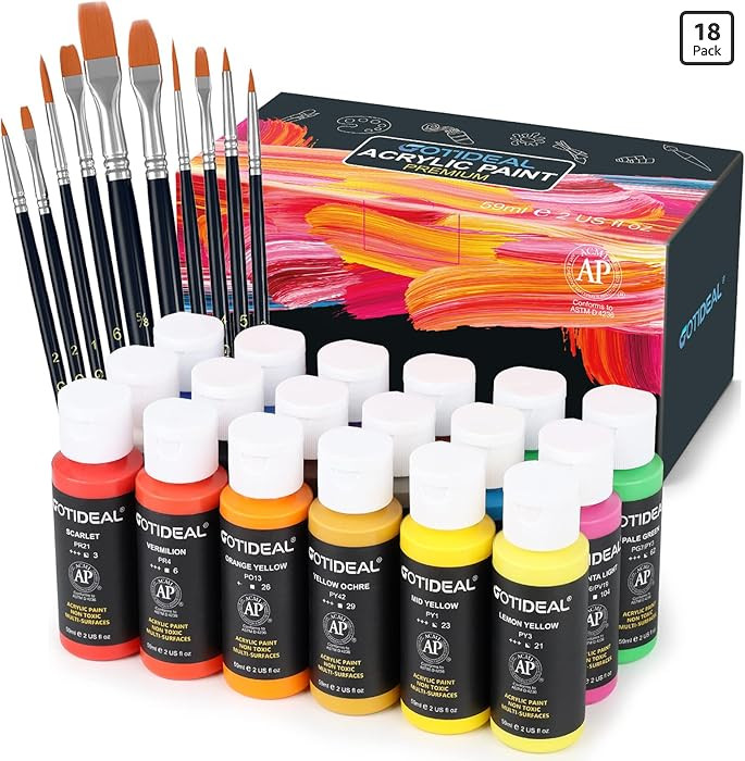 GOTIDEAL Acrylic Paint Set with 10 Brushes, 18 Colors Outdoor/Indoor (59ml, 2 oz) Art Craft Paint... | Amazon (US)