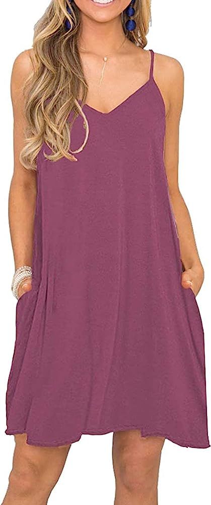 JOSENLY Women's Summer Spaghetti Strap V Neck Casual Swing Beach Cover Up Dress with Pockets | Amazon (US)