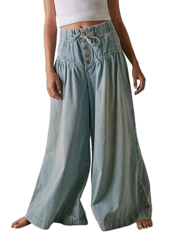 CHARTOU Women's Baggy Wide Leg Denim Pants Drawstring Midi Waisted Flare Jeans Ruffle Pleated But... | Amazon (US)