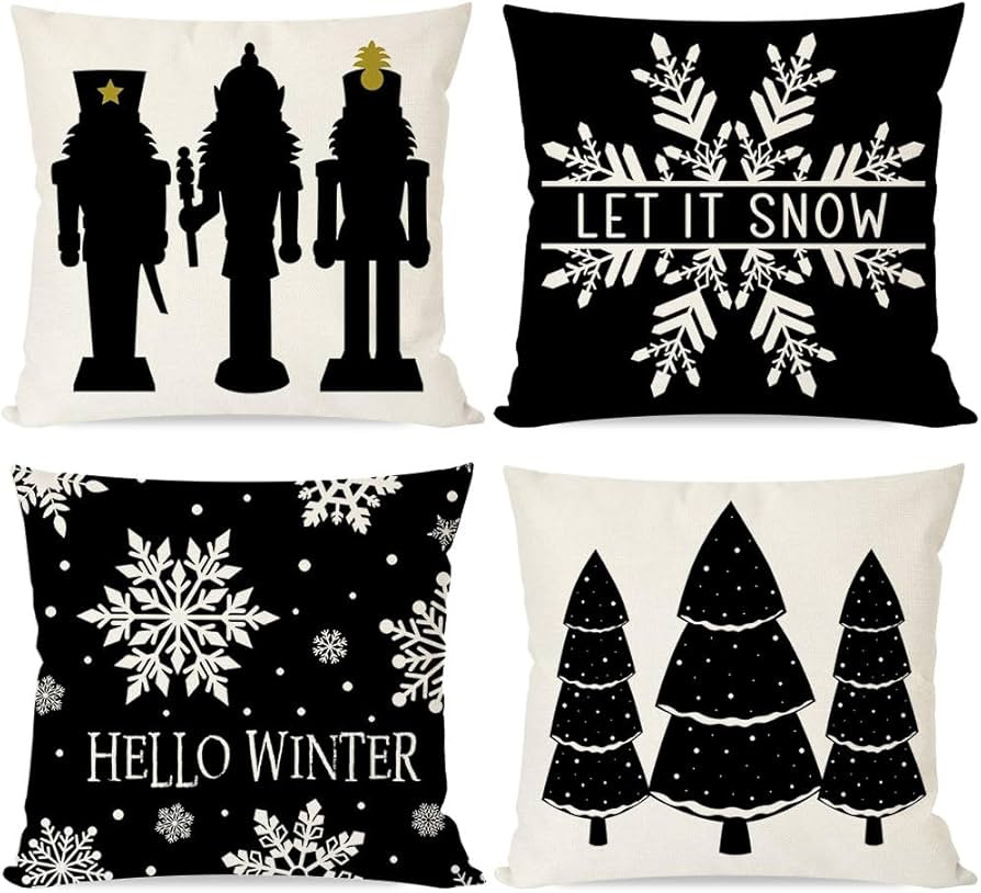 PANDICORN Christmas Pillow Covers 18x18 Set of 4 Nutcracker Snowflake Christmas Tree Black and Wh... | Amazon (US)