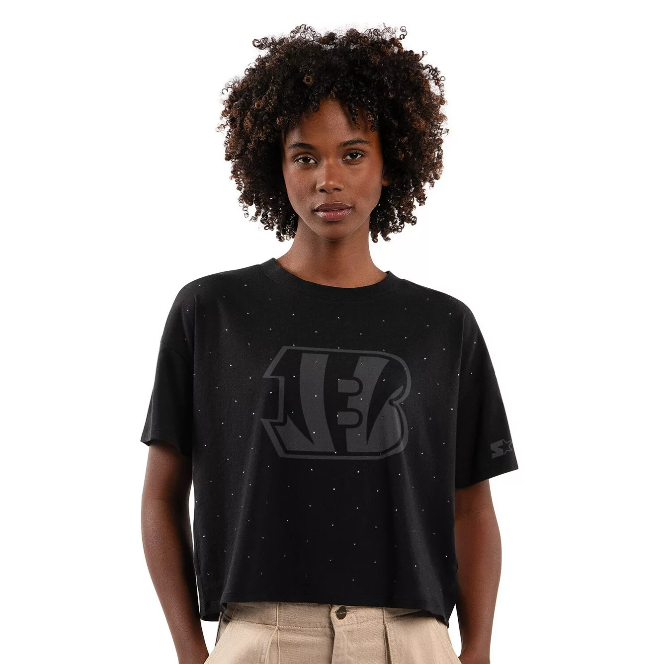 Women's Starter Black Cincinnati Bengals Rhinestone Sprinkle Boxy Cropped T-Shirt | Kohl's