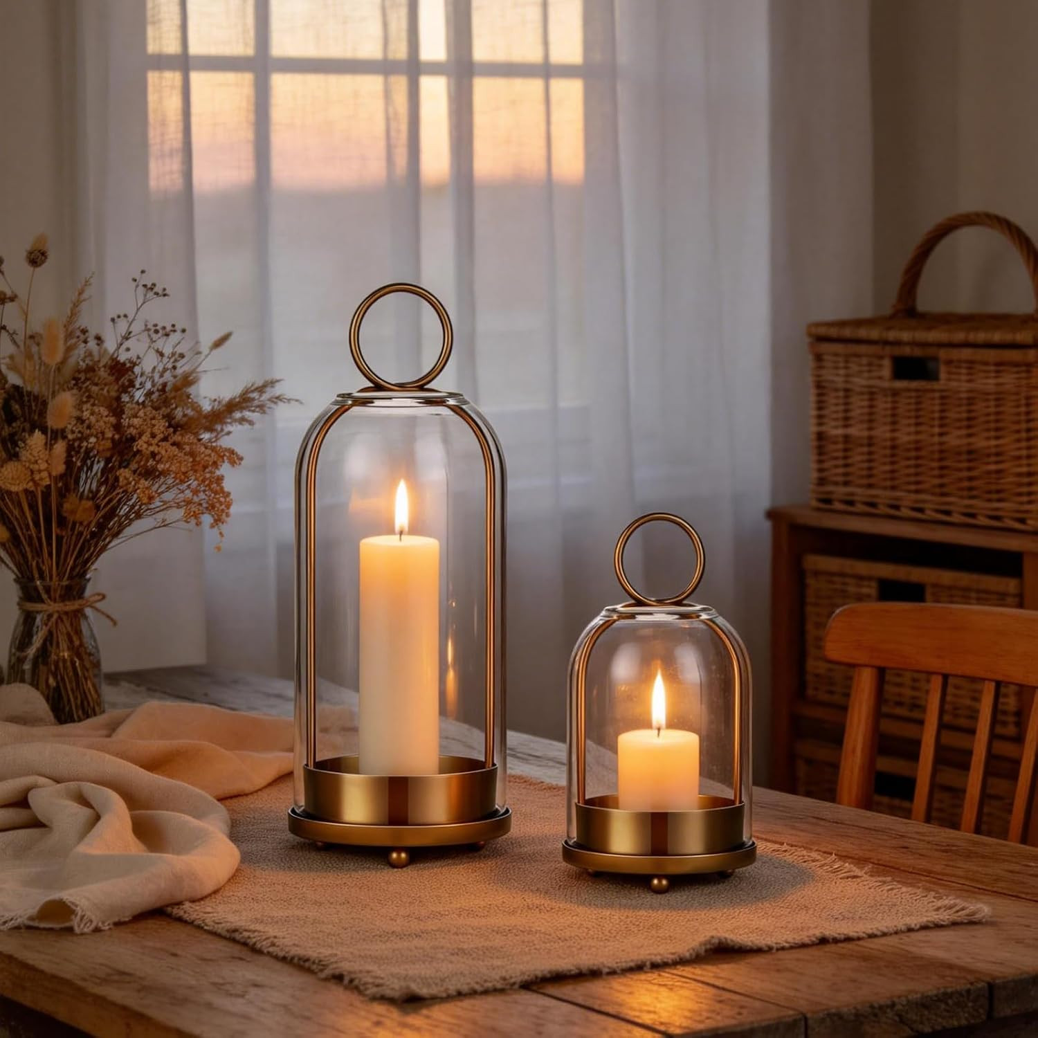 Brass Candle Holder with Glass Dome, Hurricane Glass Lantern Set of 2 | Amazon (US)