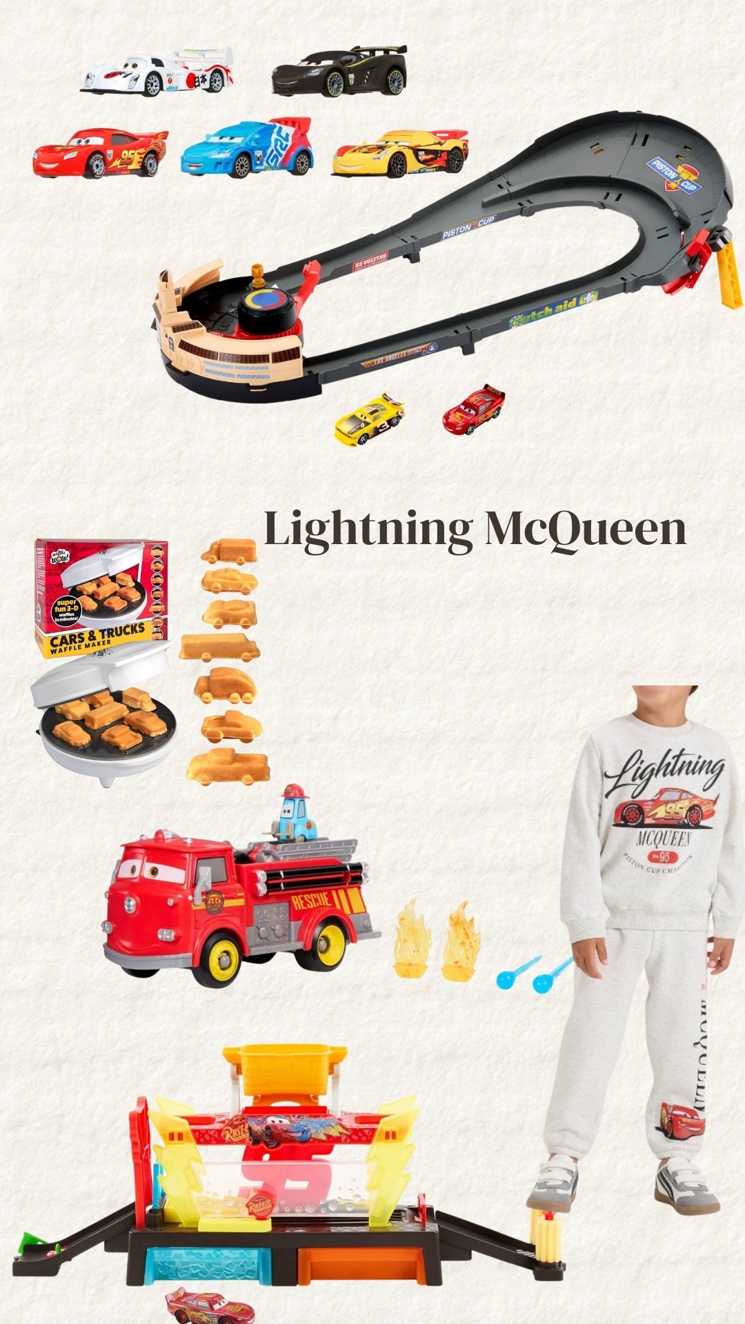 Some of our favorite lightning McQueen toys and clothes! We sized up in the sweatsuit and it was perfect  