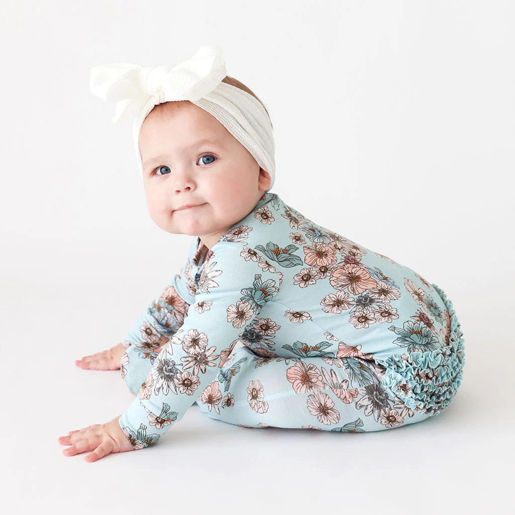 Floral Blue Baby Girl Footie Sleeper | Natalie | Posh Peanut