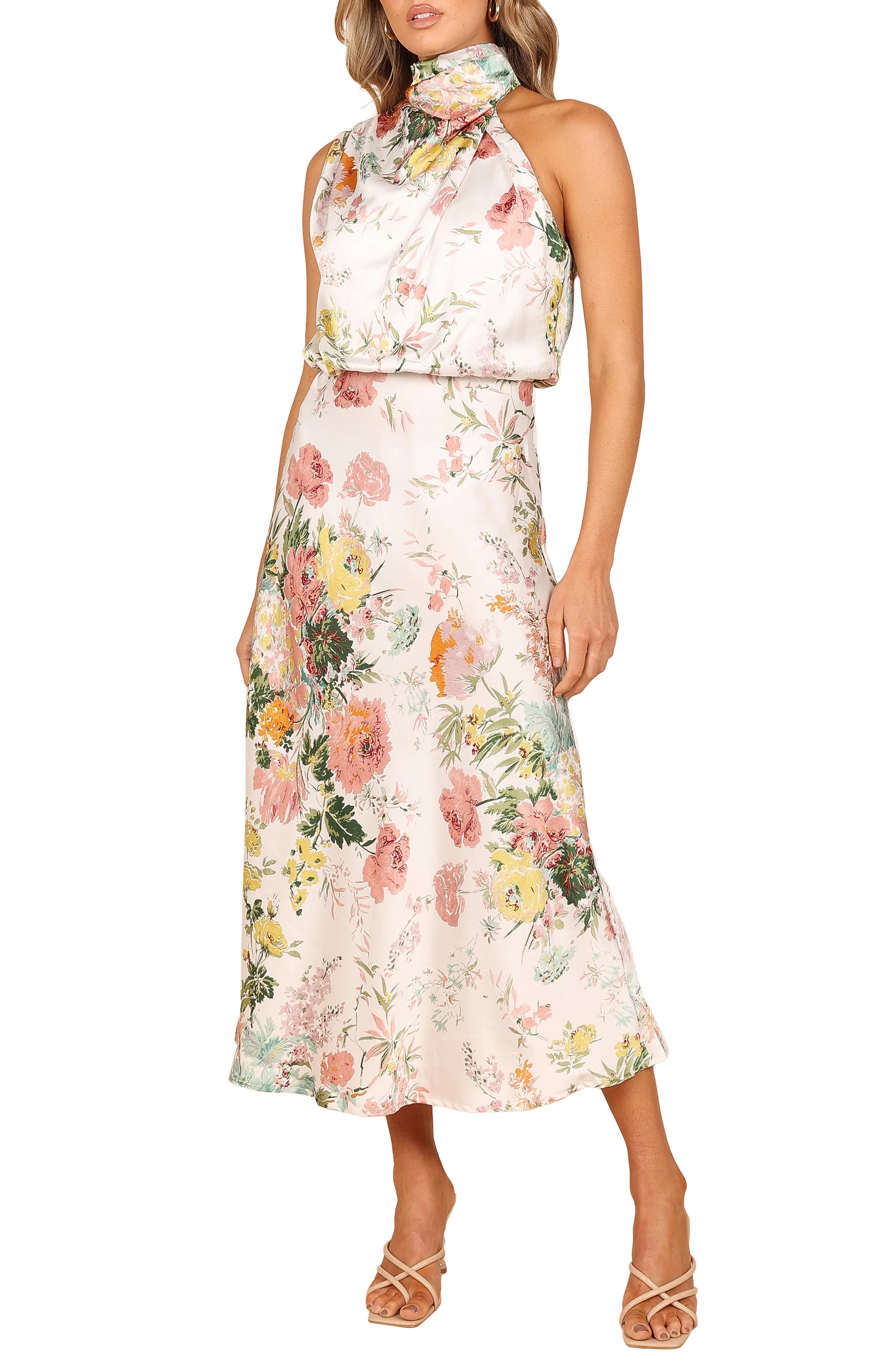 Anabelle Floral Halter Neck Satin Midi Dress (Women) | Nordstrom | Nordstrom