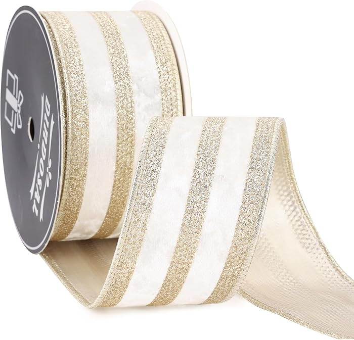 Ivory Velvet Wired Ribbon with Champagne Glitter Stripe 2.5 Inch Crushed Velvet Christmas Ribbon,... | Amazon (US)