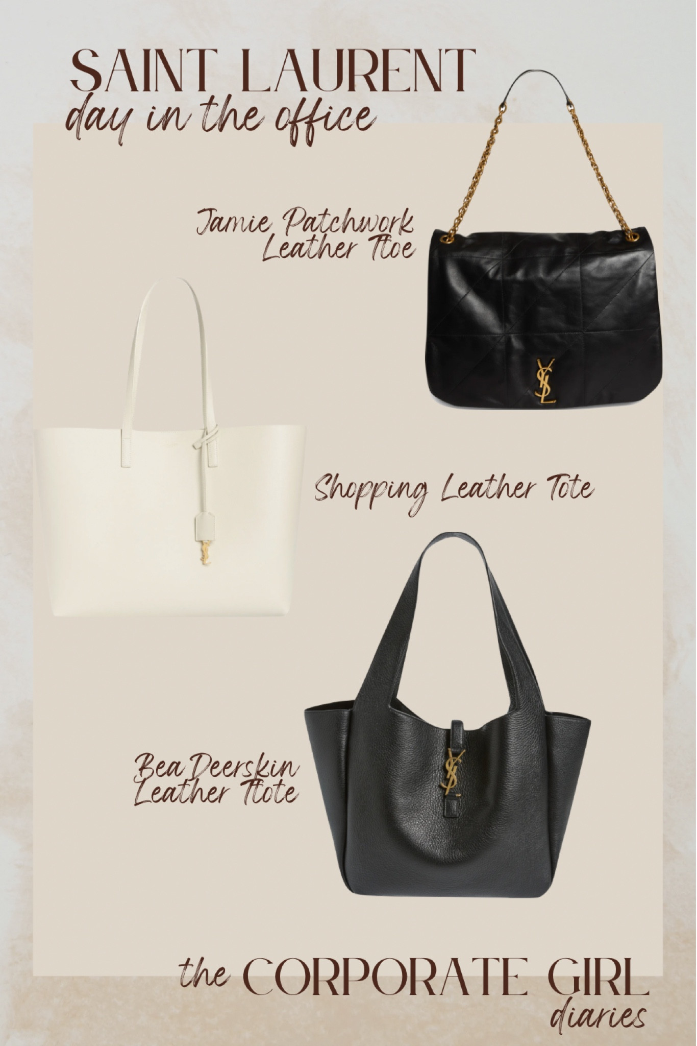 Elevate your work wardrobe with  a sophisticated Saint Laurent work tote, perfect for the corporate baddie. Spring outfit ideas. Stylish work tote bag for spring fashion. Office outfits for corporate girl. Neutral work bag business causal  

#LTKworkwear #LTKitbag #LTKfindsunder100