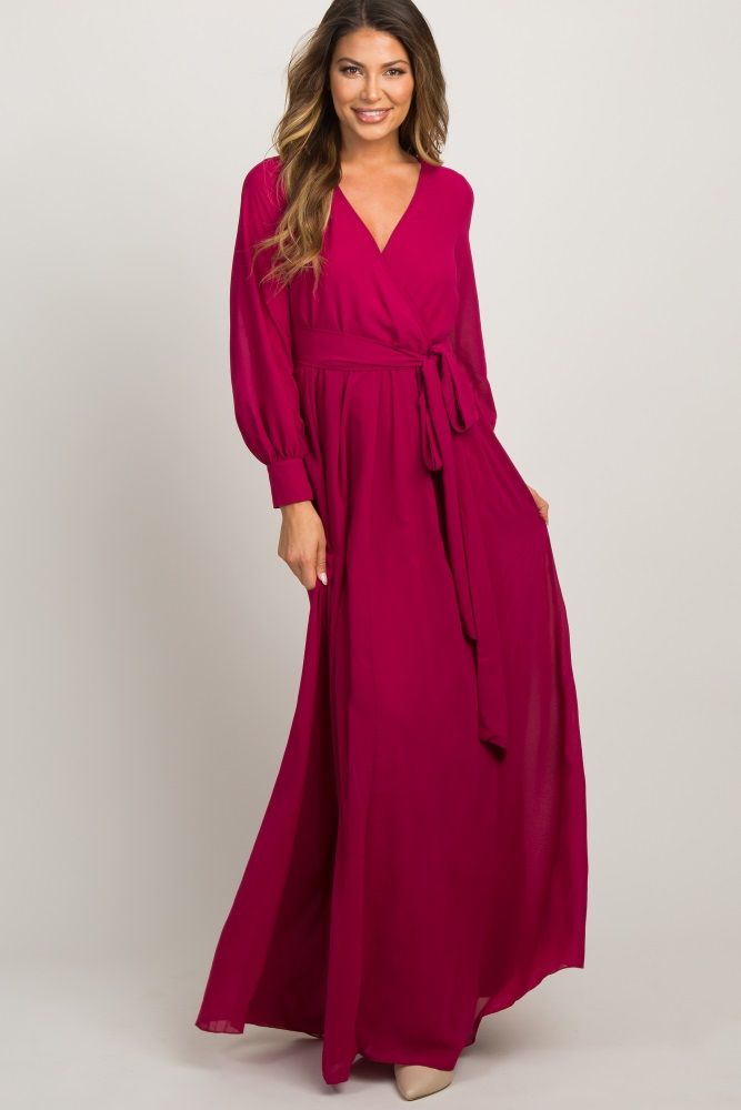 Fuchsia Chiffon Long Sleeve Pleated Maxi Dress | PinkBlush Maternity