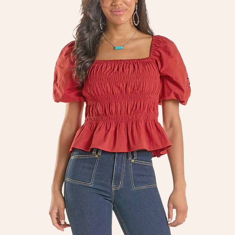Rock & Roll Denim Women's Red Smocked Puff Sleeve Top | Cavender's
