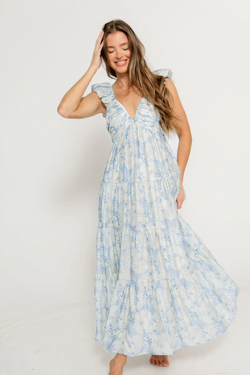 Katy Pleated Bodice Maxi Dress in Blue Floral *1/29 PRE-ORDER* | Worth Collective