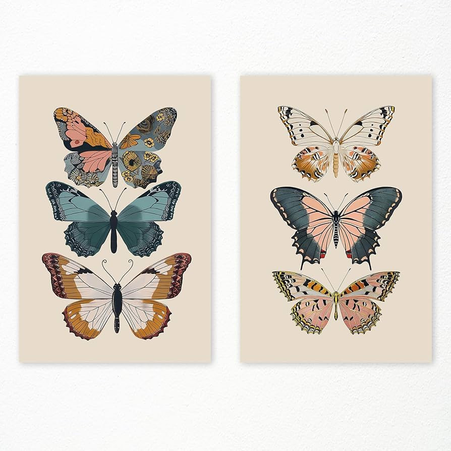 Yaasilinage Set of 2 Vintage Butterfly Canvas Wall Art Butterflies Pictures Posters Wall Decor Fo... | Amazon (US)